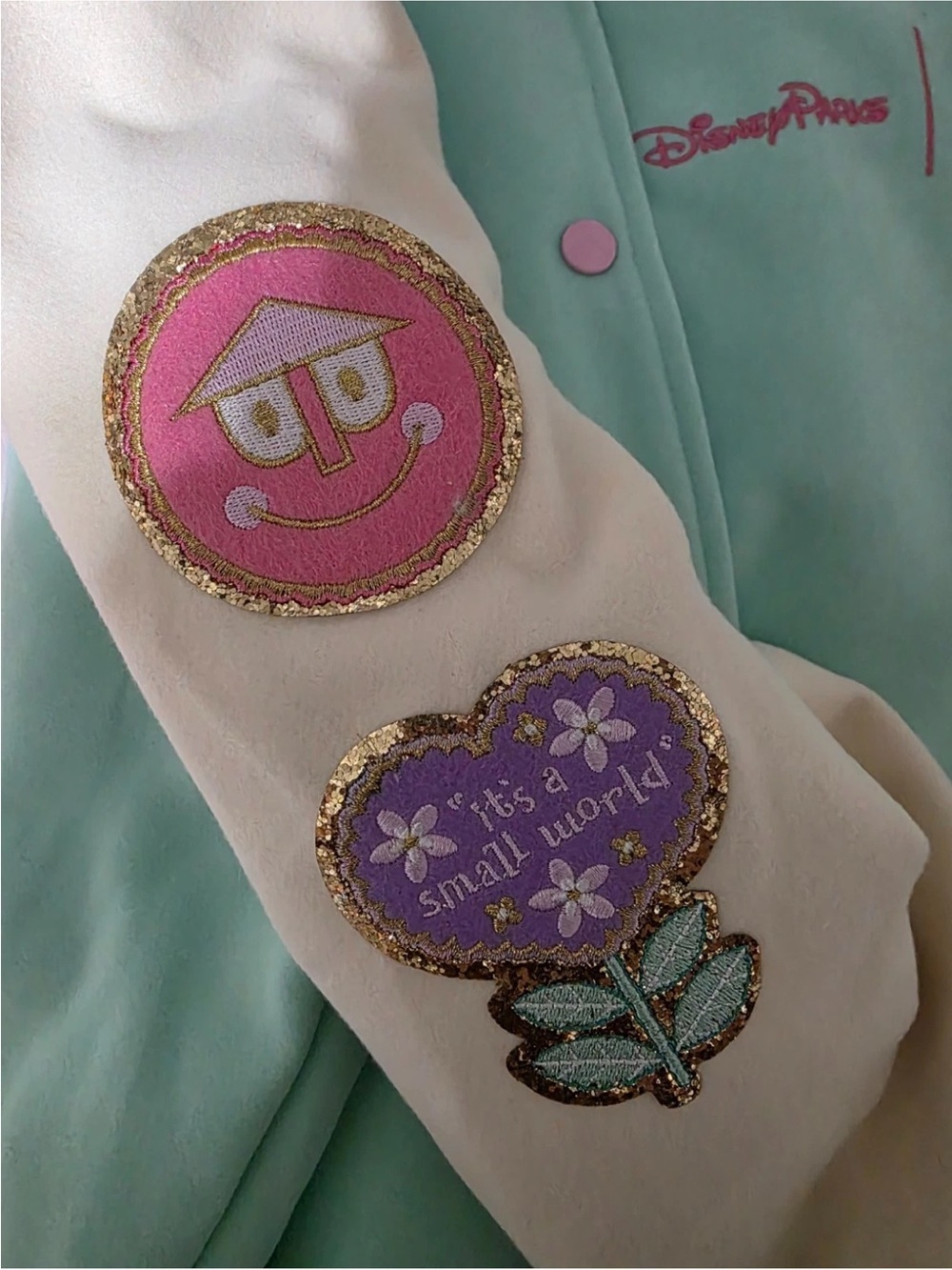 Disney Parks Pastel Button-Up Jacket with Embroidered Patches - Mint & Cream